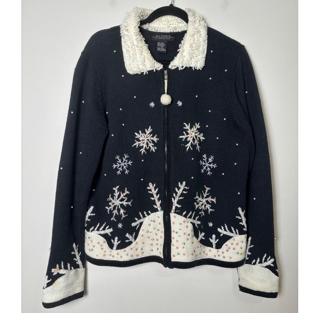 Womens VTG Winter Cardigan Sweater M Snowflake Embroidered Sequin Fuzzy Collar